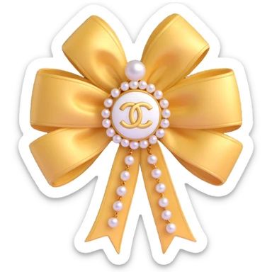 elegant bow with pearls and gold Chanel logo, glossy, monochrome, 3D emoji style sticker