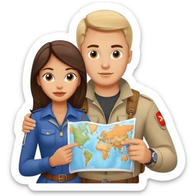 Russian man and elegant Latina girl in adventure outfits with a map planning a trip sticker