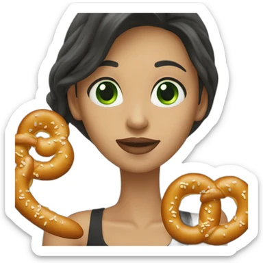 A Woman with green eyes and black wavy long hair and long nose eating a pretzel  sticker