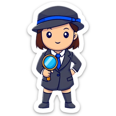 girl in a business suit, wearing a detective hat, holding a magnifying glass, in an investigating pose sticker