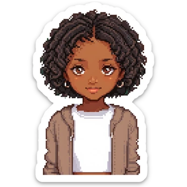 pixel art of a brown-skinned girl with short black curly hair parted in the middle, brown eyes sticker