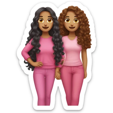 two Latina best friends wearing pink. Long hair. One curly hair and one straight her  sticker