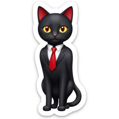 Create a digital emoji-style illustration of a black cat wearing a formal outfit. The cat should have a sleek, smooth black coat and a confident expression. It is dressed in a neatly tied red tie and polished dress shoes, adding a professional and stylish touch.  sticker