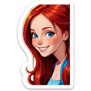 Girl with long red hair and blue eyes smiling  sticker