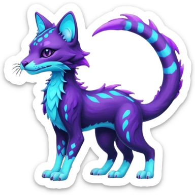 Kawaii dark edgy badass black and purple glowing neon bioluminescent fantasy feline-vernid-sergal-fursona animal creature with a tufted tail full body with intricate markings  sticker