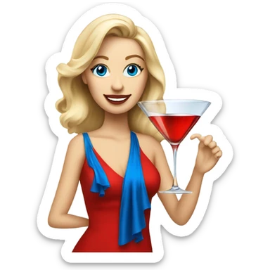 Beautiful blonde white woman with blue eyes and red dress dancing with martini sticker