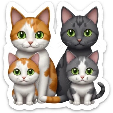 3 different coloured small cats including a dark grey and white, and a patchy calico with hazel eyes and a completely solid dark grey with green eyes and only white paws sticker