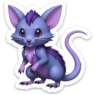 Gothic style, charcoal-black, steel-blue, lilac-violet, Rattata-Noibat-Purrloin-Fakemon-hybrid-creature (full body) sticker