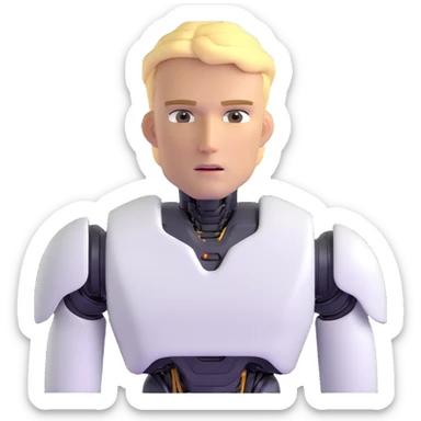 Minimalist male robot with blond hair, sharp jawline, intense eyes, white sweater, AI assistant sticker