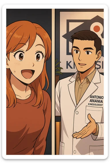 su questo stile fai un manga/webtoon a colori in cui C'è UNA STRISCIA CON FOCUS SUL VOLTO DELLA donna CON ESPRESSIONE DI STUPORE CHE ESCLAMA UNA COSA FELICE, MENTRE NELLA STRISCIA A DESTRA SI VEDE, l'uomo della foto in stile manga LE SPIEGA CHE DEVE PROVARE LA SUA VALUTAZIONE MEDICA, mantieni un ambiente simile alla foto che ho allegato con il suo logo (sarebbe il suo studio, lui è un kinesiologo), scrivigli "ANTONIO ANANIA" sul camice bianco, non mettere fumetti, ma fai in modo che sembri che la donna CHIEDA E  l'uomo RISPONDA sticker