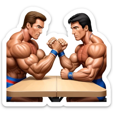 Arnold Schwarzenegger and Sylvester Stallone from 'Over the Top,' locked in an arm wrestling battle, using only their right hands. Their left hands rest on the table. Both display immense strength, with muscular arms flexing, under bright competition lights. Transparent background. sticker