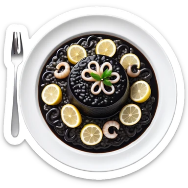 cinematic-realistic-black-risotto-dish-emoji,-showcasing-small squid pieces in black sauce -rendered-with-bold-textures-and-dynamic,-dramatic-lighting in a white plate with a grilled lemon on top sticker