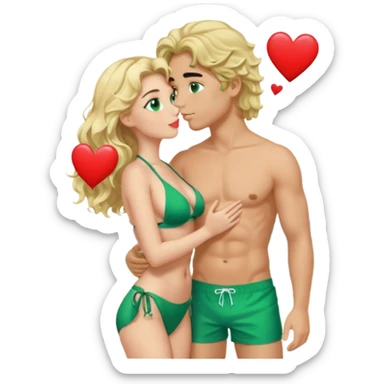 Blonde girl Green eyes wavy hair Green Bikini whole body Kissing man black Hair blue eyes Hearts in Body Background beach sticker