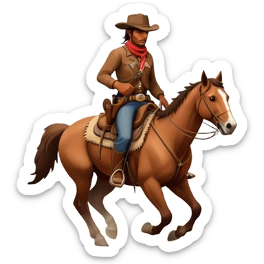 An icon representing an adventure game, inspired by Red Dead Redemption II. The design features a rugged cowboy riding a horse through a vast, open landscape with mountains, deserts, and wild animals. The atmosphere conveys exploration, action, and the thrill of the journey. Transparent background sticker