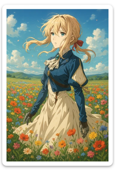 Violet Evergarden, standing in a field of flowers, wind blowing her hair and dress, cinematic scene in the original anime art style sticker