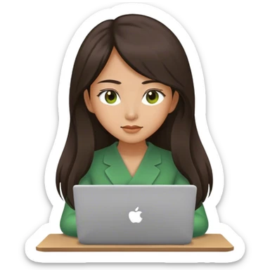 Long hair asian woman working on green laptop with brown eyes sticker