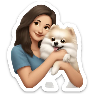 White and beige Pomeranian in the hands of a white young woman with dark brown hair smiling and cuddling the dog  sticker