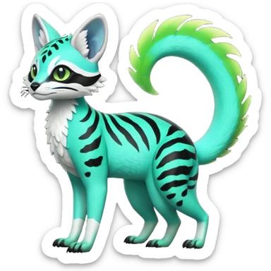 Rare realistic iridescent neon lime-green & cyan white black lush tropical exotic edgy epic pretty beautiful handsome gorgeous aesthetic colorful vibrant Vernid-Protogen-Primagen-Genet-Trico-species-Fakemon-hybrid-creature by LiLaiRa, beautiful intricate markings, full body sticker