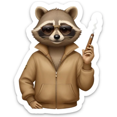 friendly anthropomorphised raccoon in a Sopranos-style mafia tracksuit, wearing dark sunglasses, holding a cigar, relaxed pose sticker