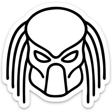 Predator, minimalist icon, focus on mask and dreadlocks, clean lines, monochrome sticker