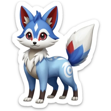 Blue, indigo, white, black Hyper-realistic Colorful Skilled Adept Graceful Asian Painted Meloetta-Furret-Lycanroc-Zangoose-fusion-hybrid-creature (full body) sticker