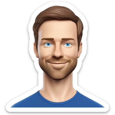 A head and shoulders shot of a 33 year old white man, with short brown hair, with stubble facial hair,   with blue eyes wearing a t-shirt. sticker