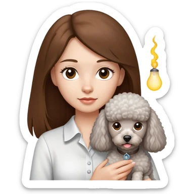 A girl with long straight hair and a white shirt is holding a small light gray poodle sticker