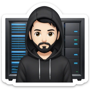 hackeur blanc cheveux noir barbe et capuche noir à côté d'un server ia sticker