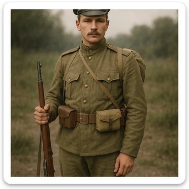 realistic style infantryman of the Russian Imperial Army, 1914 uniform, rifle, forage cap sticker