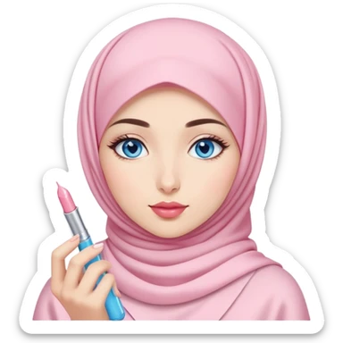Turkish beautiful finish Konya girl blue eyes with light sakura and pink hijab islamic dress and had on her hand kiko lipgloss and she wearing the lipgloss sticker
