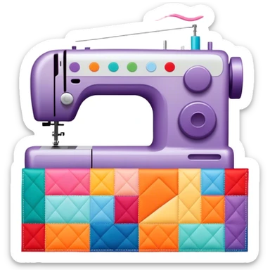 Patchwork and quilting icon, colorful fabric patches sewn together in a quilt pattern, sewing needle and thread, quilting tools like rotary cutter and quilting hoop, minimalistic style, clean lines, transparent background. sticker