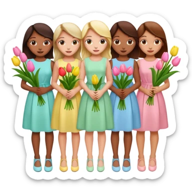 spring girly event - 5 girls wearing pastel dresses holding tulips sticker