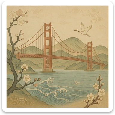 {
  "style_description": {
    "overall_look": "Traditional Japanese painting with a refined and serene aesthetic rooted in classical techniques",
    "material_simulation": {
      "primary_material": "natural pigments on washi or silk",
      "texture_detail": "subtle paper grain, matte finish, soft brushwork",
      "pattern": "occasional use of classical Japanese motifs such as plum blossoms, waves, or cranes"
    },
    "geometry": {
      "edge_style": "fluid and organic linework with gentle outlines",
      "dimensionality": "flat perspective with carefully balanced negative space"
    },
    "color_palette": {
      "scheme": "earthy and muted tones with occasional gold or mineral highlights",
      "preferred_colors": ["indigo", "sumi black", "reddish brown", "soft greens", "off-white"],
      "contrast": "low contrast, harmonious tones"
    },
    "lighting": {
      "type": "diffused, implied through tone rather than shading",
      "purpose": "maintain the contemplative and meditative quality of the piece"
    },
    "render_constraints": {
      "avoid": ["realistic lighting", "high saturation", "modern cartoon outlines", "digital gradients"],
      "focus_on": ["natural harmony", "elegance", "quiet emotional expression"]
    },
    "background": {
      "color": "neutral or light washi-inspired background",
      "style": "plain or softly patterned with traditional elements",
      "lighting_consistency": "flat and even, no cast shadows or dramatic highlights"
    }
  }
}

{subject} = san francisco sticker