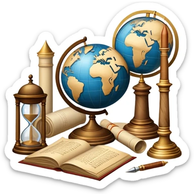 An icon featuring ancient scrolls, a quill pen, and large, old-fashioned sand clocks, symbolizing the study of history. The design includes a globe and a timeline with significant historical events, set against ruins to evoke past civilizations. Transparent background highlights the passage of time. sticker