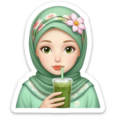White girl wearing flower hijab drinking iced matcha sticker