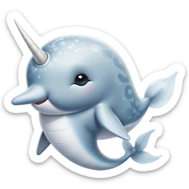 Cinematic Noble Cute Narwhal Portrait Emoji, Poised and graceful, with a streamlined, gently curved body clad in mottled, silvery-gray skin, accented by a long, spiraled ivory tusk and wide, expressive eyes radiating playful intelligence, Simplified yet sharp and sophisticated features, highly detailed, glowing with a cool, frosted ocean glow, high shine, intelligent and enigmatic, stylized with an air of whimsical marine majesty, focused and graceful, soft glowing outline, capturing the essence of a watchful and confident cute narwhal that appears ready to glide out of the screen with effortless charm! sticker