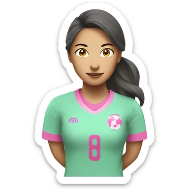 A female soccer player, dressed in pink and mint. Asian, sticker
