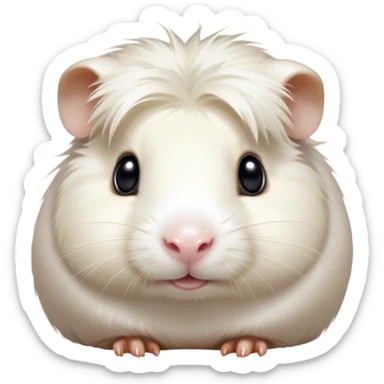 Cinematic Cute White Guinea Pig Portrait Emoji, Head tilted playfully and inquisitively, showcasing a silky, immaculate white fur with a natural glow, round, sparkling dark eyes filled with curiosity, Simplified yet irresistibly adorable features, highly detailed, glowing with a warm, friendly light, high shine, affectionate and lively, stylized with a touch of whimsy, bright and endearing, soft glowing outline, capturing the essence of a mischievous yet loving guinea pig, so playful it feels like it could nuzzle out of the screen and into your arms! sticker