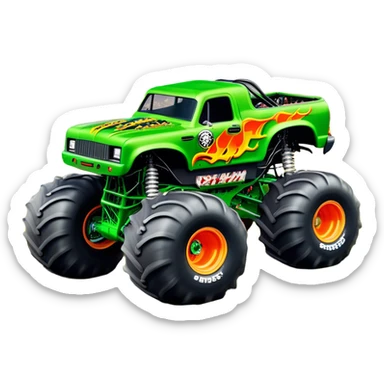 Grave Digger - Monster Jam (Model Year: 2022) (Iconic colour: Green with flames) - A legendary monster truck with a fearsome design: predominantly deep green with dynamic, vibrant flame graphics in bright orange and yellow. Highlight its rough, edgy bodywork and an aura of untamed rebellion. sticker