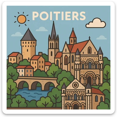 flat toon style Poitiers cityscape or landmark, France sticker