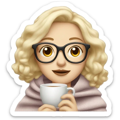 pale blonde girl wearing glasses drinking tea under blanket sticker