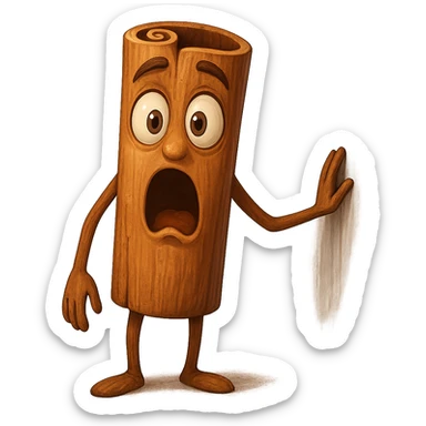 Create a surprised expression for a cinnamon stick character. The character should have wide eyes and an open mouth to show surprise, with a transparent background. sticker