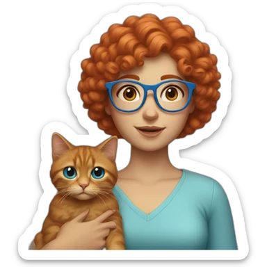 a girl with curly red hair and blue glasses with a cat in her arms sticker