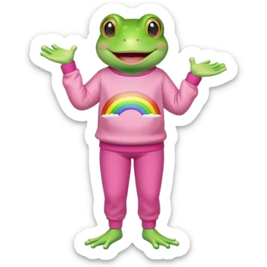 A green frog wearing a rainbow sweatshirt and pink pants  sticker