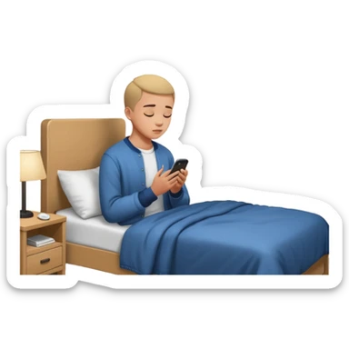 Young person in casual clothes praying beside bed at night, smartphone visible, bedroom with wall posters sticker
