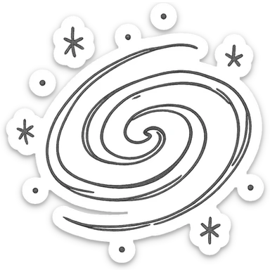 hand-drawn icon of a galaxy with sketchy lines forming a spiral galaxy, playful and artistic, black and white, no text sticker