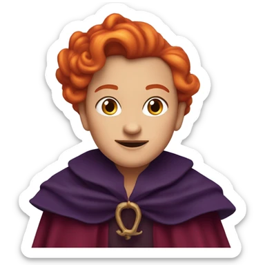 “Apple emoji of Winifred Sanderson: round face, crooked smile with a single front tooth, fiery heart-shaped red-orange hair, thick arched eyebrows, and a hint of a dark purple cloak.” sticker