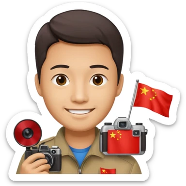 A Chinese man with a Chinese flag and a camera sticker