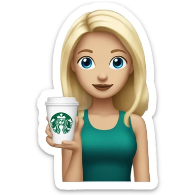 blonde girl blue eyes with Starbucks cup drink sticker