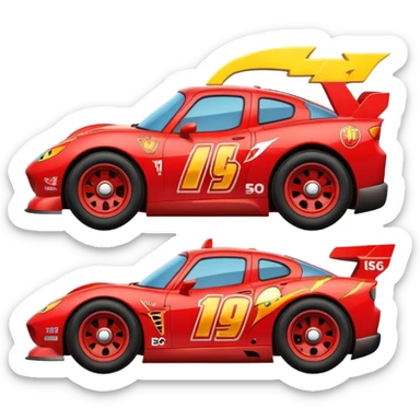 red cartoon race car with a big smile and lightning bolt decals, inspired by Lightning McQueen sticker